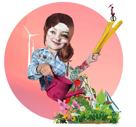 Auf dem Bild sind einige Sachen zu einem Bild zusammengemacht. Man sieht einen Zollstock, Windräder, eine Gießkanne und Wiese und Blumen. Die Frau gießt den Rasen und die Blumen